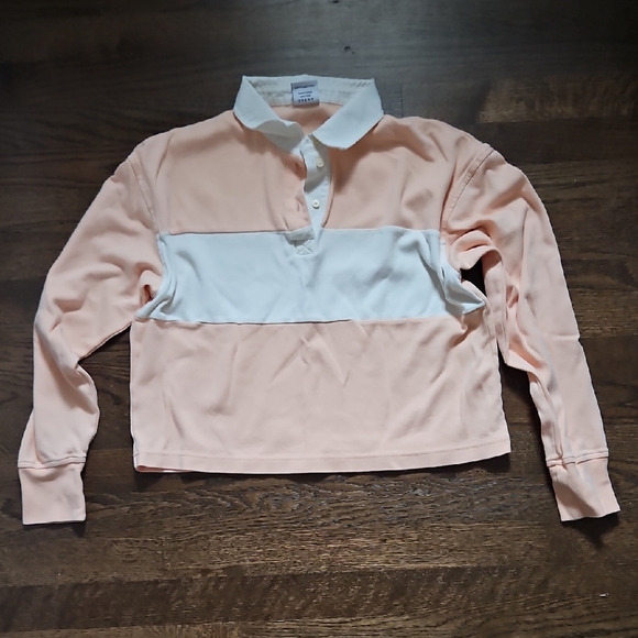 Outdoor Voices Peach and White Rugby Striped Polo Shirt S - Picture 2 of 3